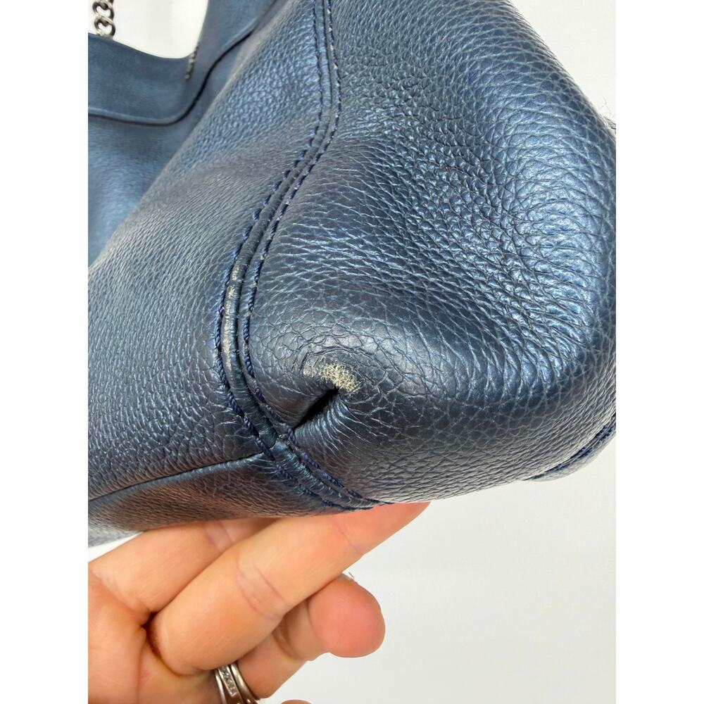 Coach F22209 Lexi Chain Shoulder Bag Metallic Navy Blue Leather Purse Handbag - Picture 13 of 16